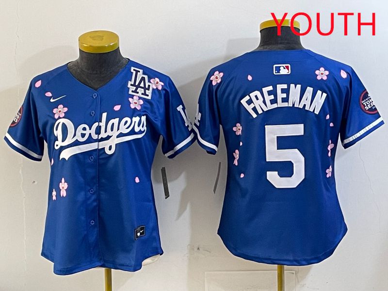 Youth Los Angeles Dodgers #5 Freeman Blue Sakura Edition 2025 Nike MLB Jersey style 4->youth mlb jersey->Youth Jersey